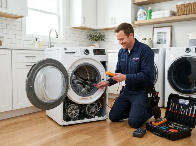 Appliance Repair Hero technician testing a front-load washer with a multimeter on a Bradley, CA service call